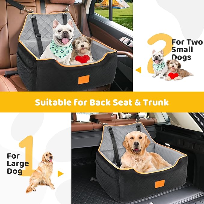 Dog Car Seat for Large/Medium Dog, Booster Seat for Dogs Under 55Lbs or 2 Small, Detachable and Washable Travel Pet Seat with Thick Cushion and Storage Pockets (Black/Gray)