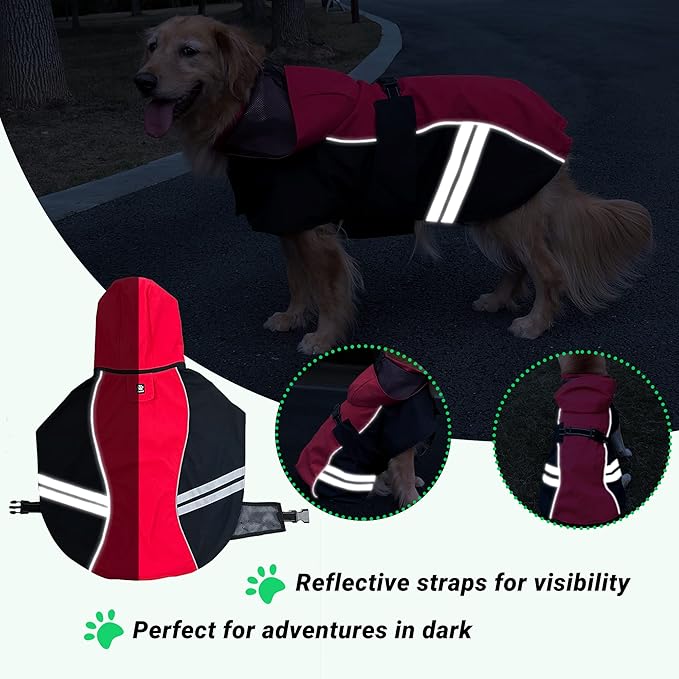 Dog Raincoat for Medium Large Extra Large Dogs, Waterproof Rain Jacket with Reflective Strap, Lightweight Hoodies Full-Body Coverage Dry Clothes (XL, Red)