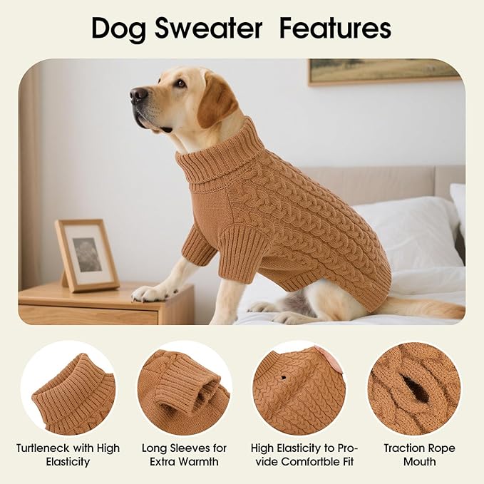 SAWMONG Dog Sweater, Dog Sweaters for Large Dogs Girls Boys, Pullover Turtleneck Knitted Doggy Sweatshirt, Cold Weather Pet Clothes（Khaki, Large