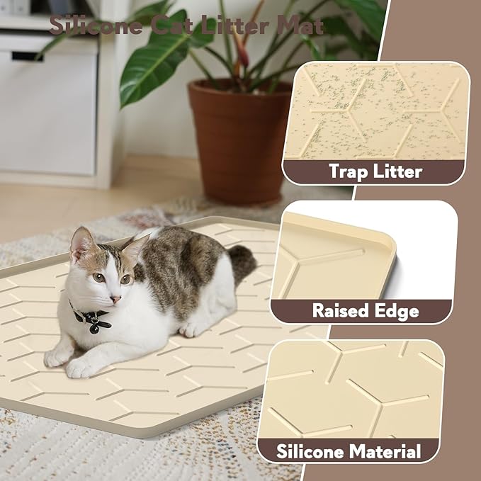Silicone Cat Litter Trapping Mat, Large Waterproof 34" X 22" Cat Litter Box Mat, Easy to Clean, Beige