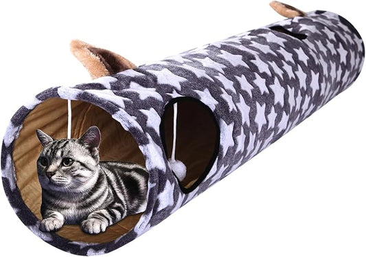 LUCKITTY Cat Tunnel -Straight-Shaped, Gray Star Pattern, Soft Velvet Exterior, Oxford Fabric Fog-Proof Interior, Plush Toy Ball, Easily Washable, Conveniently Foldable, 47.2in/120cm
