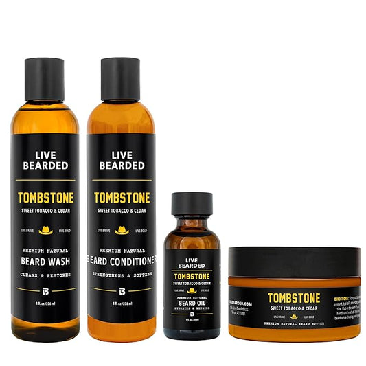 Live Bearded Complete Beard Grooming Kit, Made in the USA with All-Natural Ingredients - Beard Wash, Conditioner, Beard Butter & Beard Oil Kit - Mens Gift Set, in Scent Tombstone, Tobacco & Cedar