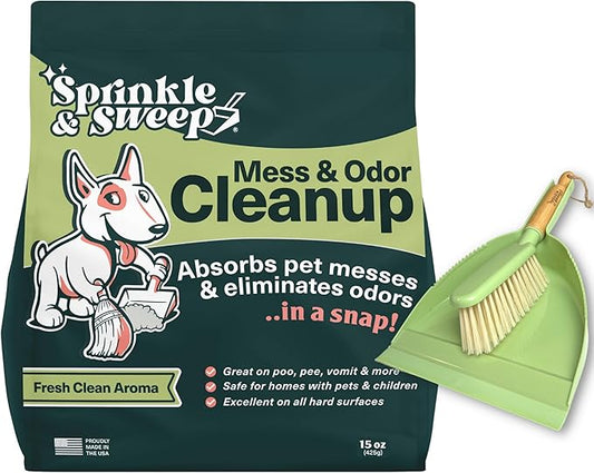 Sprinkle & Sweep Pet Accident Cleanup for all Hard Surface - Non Toxic Quick Pet Mess Cleaner & Odor Remover for Urine, Poop, Vomit, Diarrhea & Potty Training, Hair Balls (1Bag + Sweeper Kit)