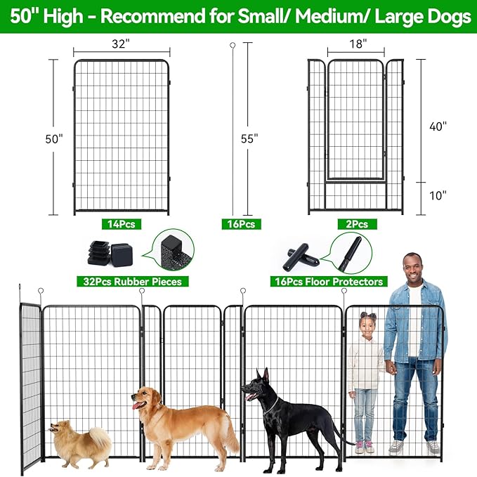 Dog Playpen Outdoor Extra Wide 16 Piece Panels Heavy Duty Dog Fence 50" Height Anti-Rust with Doors Portable for RV Camping Yard, Total 42FT, 140 Sq.ft, Snowy Black