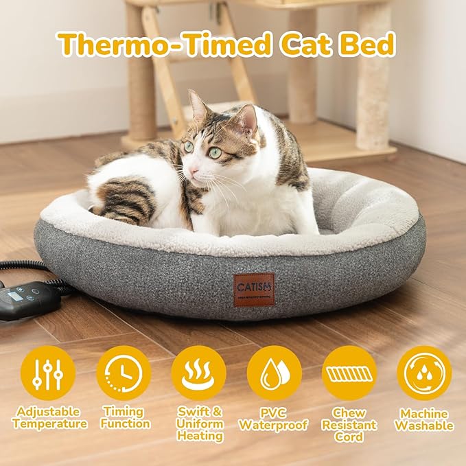CATISM Heated Cat Bed Indoor - Self Warming Cats Beds, Heating Cat Beds for Indoor Kitten or Small Animals, Cozy Donut Heated Kitty Cave with Timer & Temp Adjustable, Heating Pad with Non-Slip Bottom
