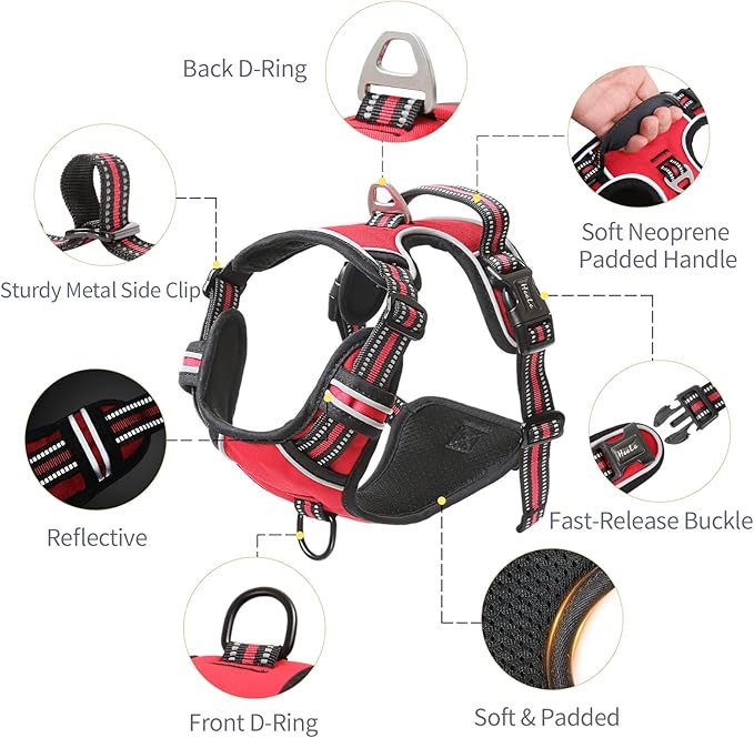 HEELE Dog Harness, No Pull Adjustable Padded Reflective Harness for Small Medium Large Dogs with Handle for Walking Training,Red, L