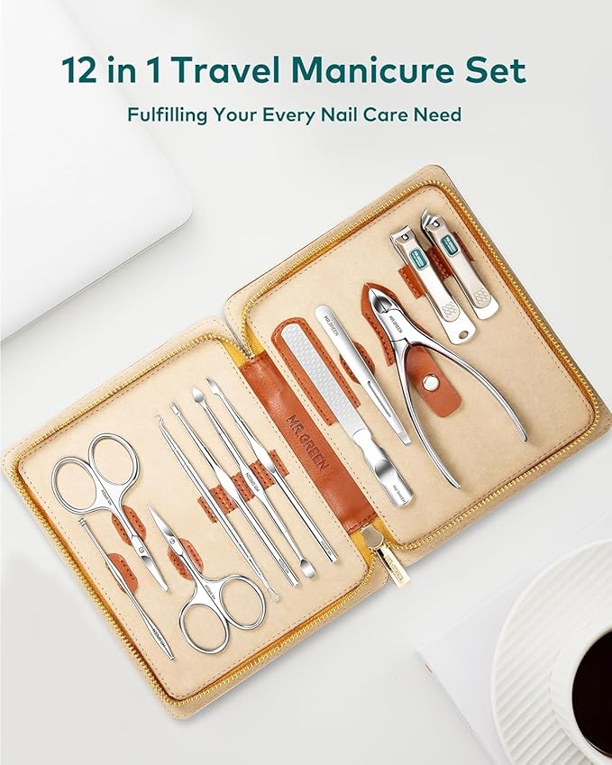 MR.GREEN 12-in-1 Manicure & Pedicure Set – Professional German Stainless Steel Nail Clippers,Cuticle Tools & Nail Care Kit, Travel Grooming Kit for Men & Women with Leather Case (Caramel Brown))