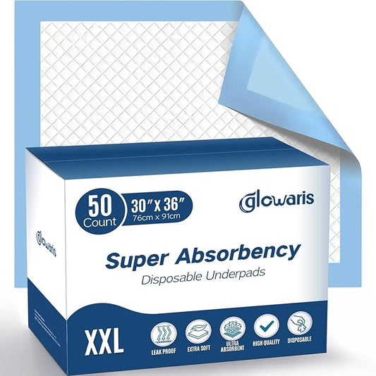 50 Count 30” x 36” XXL Disposable Underpads, Super Absorbent Leakproof Quick Drying, Baby Puppy & Adults Bed Pads Disposable Adult, Dog Pee Pads Extra Large, Incontinence Bed Pads