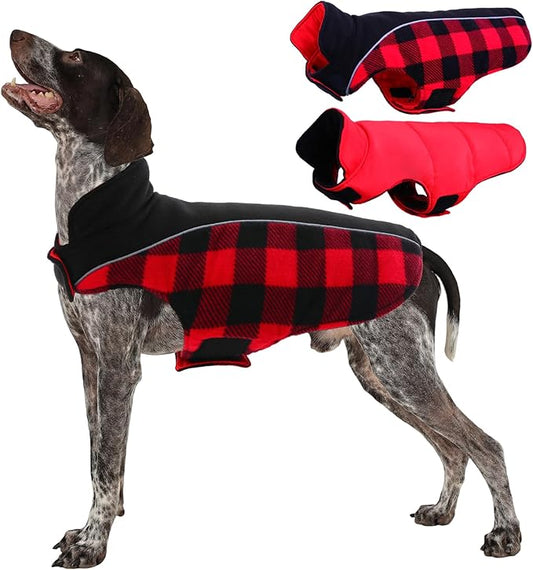 Kuoser Dog Winter Coat, Reversible Waterproof Dog Jacket with Reflective Strip, Warm Dogs Fleece Vest Adjustable Doggy Cold Weather Clothes Plaid Christmas Outfit Pet Apparel for Medium Dogs, Red M