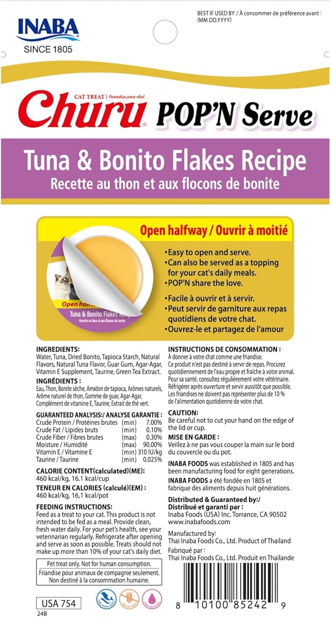 INABA Churu Pop'N Serve Jelly Cat Treat with Vitamin E & Taurine, 1.2 Ounce Cup, 8 Cups, Tuna & Bonito Flakes Recipe