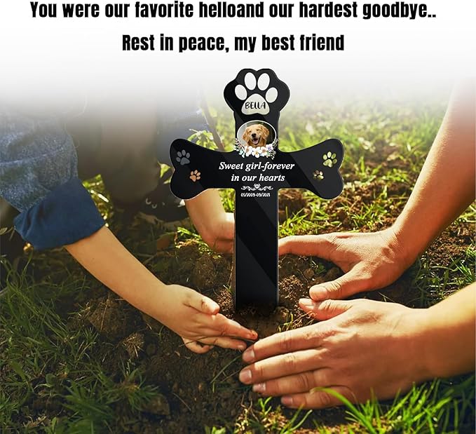 Custom Dog Memorial Gifts - Clear Acrylic Pet Grave Marker for Dogs & Cats, Outdoor Pet Cemetery Cross Sign, Weatherproof & Personalized Look (A-Cross1, Black)