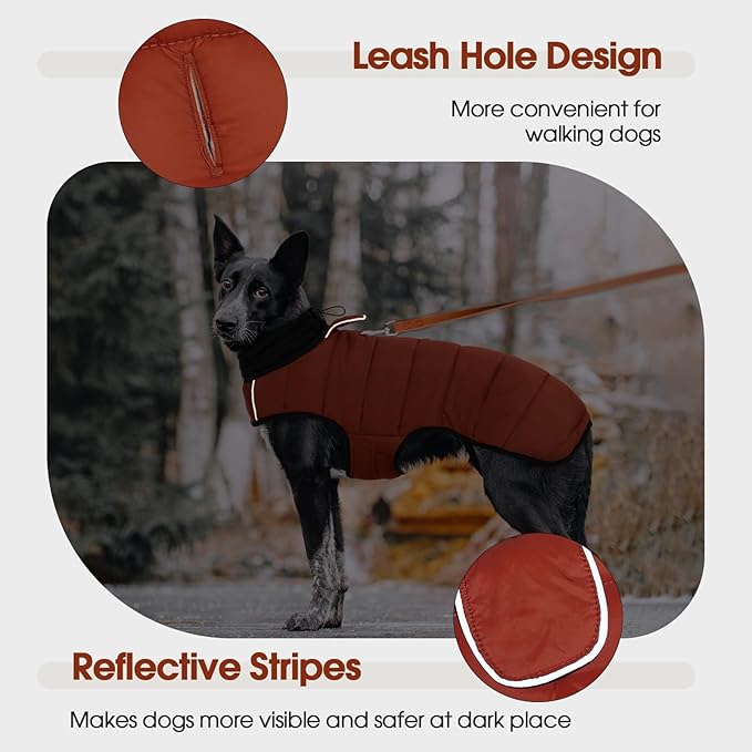 IDOMIK Dog Winter Coat, Warm Waterproof Dog Puffer Jacket with Harness Hole, Adjustable Reflective Snow Jacket Vest with Turtleneck, Pet Cold Weather Coats for Large Dogs,Caramel,L