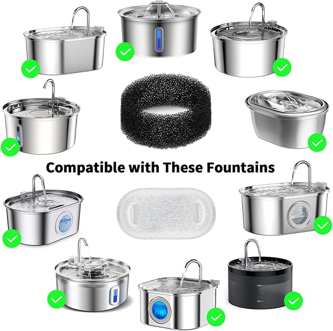 8 Pack Cat Water Fountain Filter Replacement, 4+4/8+8/12+12/16+16 Pack for Stainless Steel Cat Water Fountain 2L/67oz and 3.2L/108oz, 4 Carbon Filters & 4 Pre-Filter Sponges