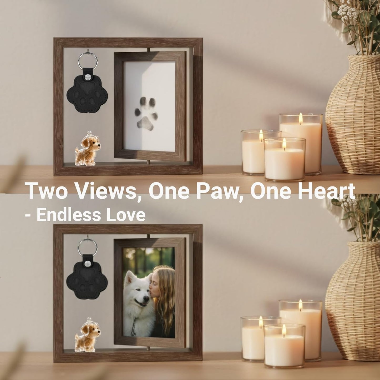 Dog Memorial Gifts Picture Frame, Pet Paw Print Kit & Fur Keepsake Keychain Set - 360 Rotating Wood Frame for Loss of Dog Sympathy Gift, Pet Bereavement & Remembrance