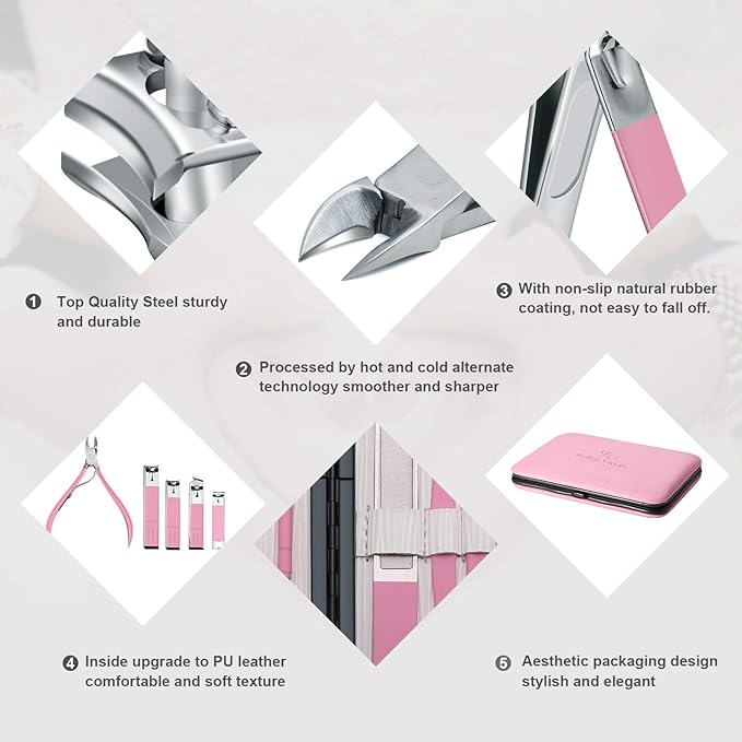 Manicure Set Professional Nail Clippers Kit Pedicure Care Tools- Stainless Steel Women Grooming Kit 18Pcs for Travel or Home (Pink)