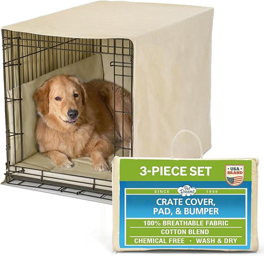 Pet Dreams 3-Piece Set Includes Dog Crate Cover, Dog Mat & Bumper Pad- Washable Kennel Bedding fits iCrate Cages 24, 30, 36, 42 Inch (Khaki, Large, 36")