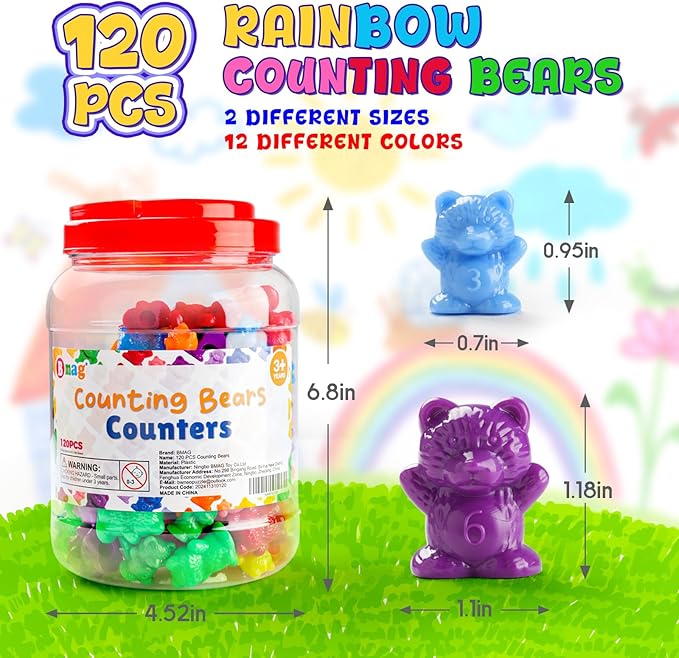 Bmag 120 PCS Counting Bears Math Manipulatives (60 Large & 60 Small Bears in 12 Colors), Color Sorting Toys for Toddlers 3+, Preschool & Kindergarten STEM Learning Educational Toys with Storage Jar
