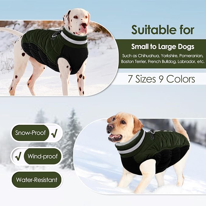 AOFITEE Dog Coat, Warm Dog Winter Coat, Reflective Cold Weather Dogs Puffer Jacket with Harness Built in, Waterproof Pet Fleece Vest Snowsuit for Small Medium Large Dogs, Green L