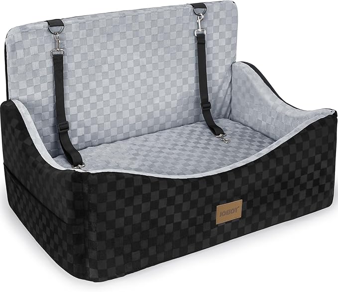 JOEJOY Dog Car Seat for Medium/Large Dogs - Reversible Dual-Sided Travel Dog Car Bed with Memory Foam, Washable Pet Booster Seat for Dogs up to 55 lbs or 2 Small Dogs, 2 Safety Leashes (Black/Grey)