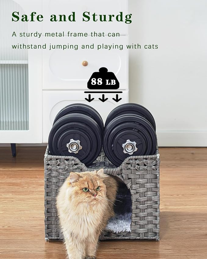 Cat Beds Indoor Kitten House, Handwoven Rattan Cat Cave Pet Cube, Large Cat Houses, One Bed Mat, Foldable, Hideaway, 16.5x16.5x13.2 Inches, 2 S-Shaped Hooks in Living Room Bedroom Gray