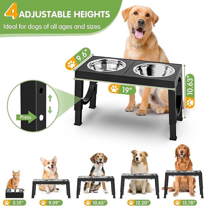 XIAZ Elevated Dog Bowls Large Breed Raised Dogs Bowl Stand Large/Medium Sized Dog 1L Food Water Bowl Stands 5 Heights Adjustable 9/11/12/14in Black Pet Feeder Dish Station
