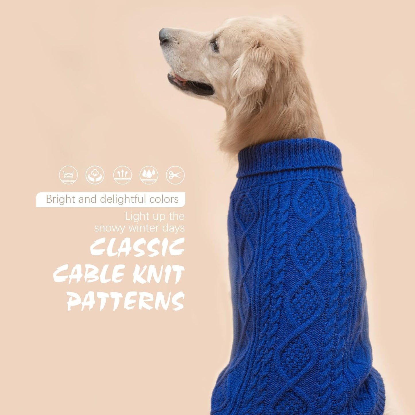 BINGPET Thermal Knitted Dog Sweater for Small Medium Large Dogs,Winter Dog Cat Coat Warm Sweartershirts Outfits,Classic Cable Knit Turtleneck Pullover Dog Jumper Coat Warm Sweartershirts(Blue,L)