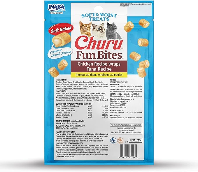 INABA Churu Fun Bites for Cats, Soft & Chewy Cat Treats with Taurine, 0.42 Ounces Each Tetra, 18 Tetras (3 per Bag), Tuna Recipe