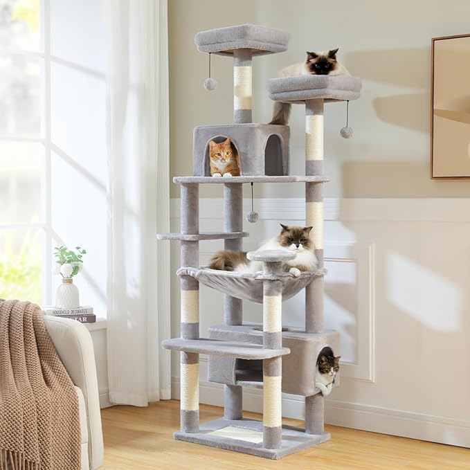 PAWZ Road Large 72 Inch Cat Tree and Tower for Indoor Cats - With Sisal-Covered Scratching Posts, Padded Perches, Condos, and Basket - Gray