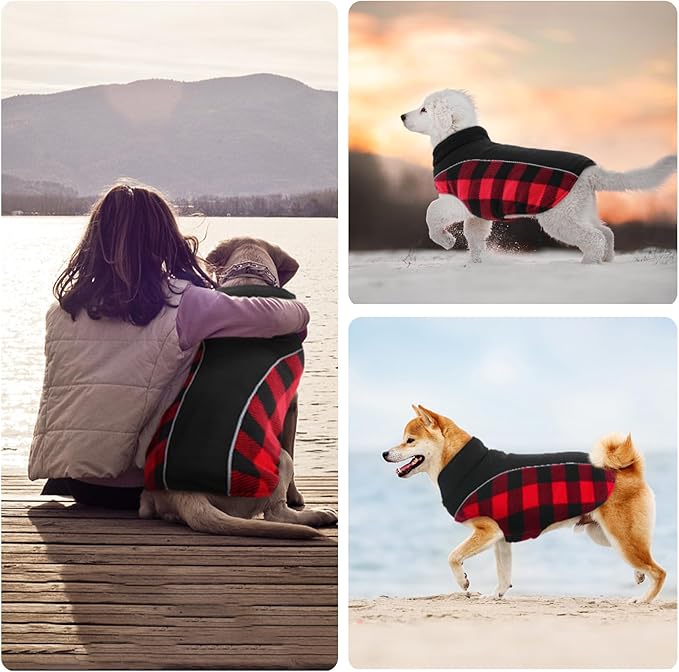 Kuoser Dog Winter Coat, Reversible Waterproof Dog Jacket with Reflective Strip, Warm Dogs Fleece Vest Adjustable Doggy Cold Weather Clothes Plaid Christmas Outfit Pet Apparel for Large Dogs, Red L
