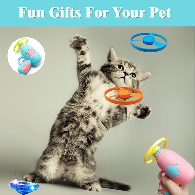 Cat Fetch Toy, Interactive Flying Cat Toy with 1 Light Up Spinning Tops, 1 LED Propellers and 4 Flying Propellers,Kitten Tracks Toy for Training Hunting Chasing(Blue)