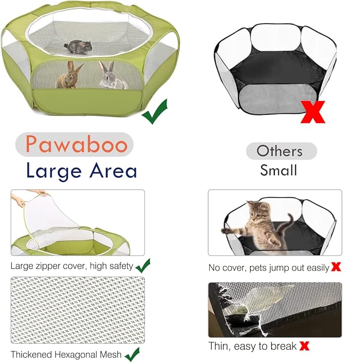 Pawaboo Small Animals Playpen, Waterproof Small Pet Cage Tent with Zippered Cover, Portable Outdoor Yard Fence with 3 Metal Rod for Chick/Kitten/Puppy/Guinea Pig/Rabbits/Hamster/Chinchillas,Green