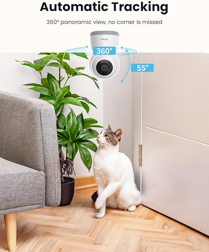 ieGeek 2K Indoor Home Security Cameras，360° Pet Camera with Auto Tracking, Motion & Sound Detection，3MP Night Vision, 2.4G/5G WiFi Dog Camera with Phone App, Cloud & Memory Storage, Works with Alexa