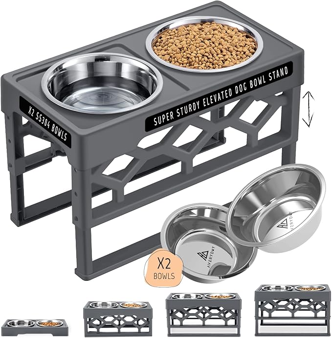 AVERYDAY Large Dog Bowls Elevated, 4 Height Adjustable Raised Dog Bowl Stand with 2 Stainless Steel Food and Water Bowls Set, Tall Dogs Feeding Station with Anti-Slip Base for Medium Large Breeds Dogs