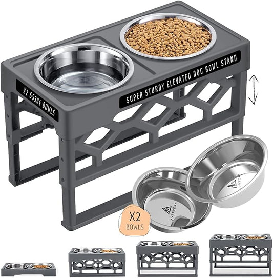 AVERYDAY Large Dog Bowls Elevated, 4 Height Adjustable Raised Dog Bowl Stand with 2 Stainless Steel Food and Water Bowls Set, Tall Dogs Feeding Station with Anti-Slip Base for Medium Large Breeds Dogs