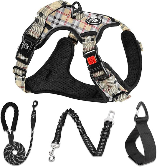 NESTROAD No Pull Dog Harness with Leash, Reflective No Choke Pet Vest Harness,Adjustable Soft Padded Dog Harness with Easy Control Handle for Large Dogs(Checkered Beige,Large)