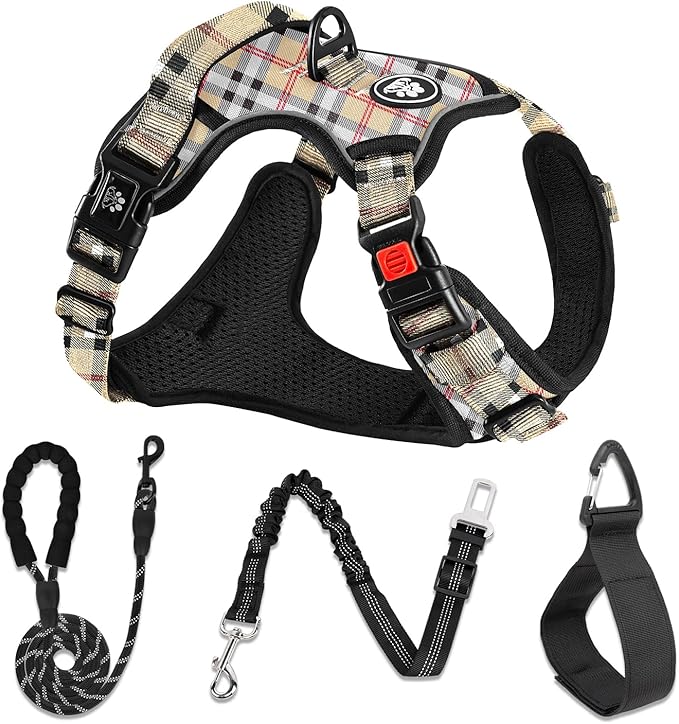 NESTROAD No Pull Dog Harness with Leash, Reflective No Choke Pet Vest Harness,Adjustable Soft Padded Dog Harness with Easy Control Handle for Medium Dogs(Checkered Beige,Medium)