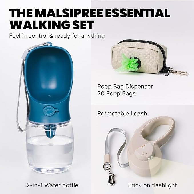MalsiPree Walking Set with Retractable Dog Leash, Poop Bag Holder, Leak Proof 12 Oz Dog Water Bottle, Flashlight & 20 Poop Bags - 9.8ft Leash Retractable for Small to Medium Pet (Sand & Teal, 12 Oz)