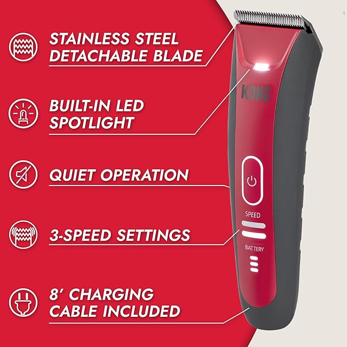 KONG 2-Speed Cordless-Corded Dog Clipper Kit – Stainless Steel Blade, Waterproof, LED Spotlight, Use-While-Charging, 6 Guide Combs, Ergonomic Handle – Red/Gray, Medium Coat Types