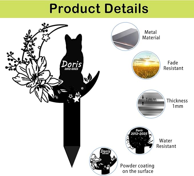 Custom Cat Grave Marker Cat Burial Stake, Personalized Butterfly Flowers Cat Memorial Garden Stake, Metal Cat Memorial Plaque for Outdoors, Customized Pet Headstone