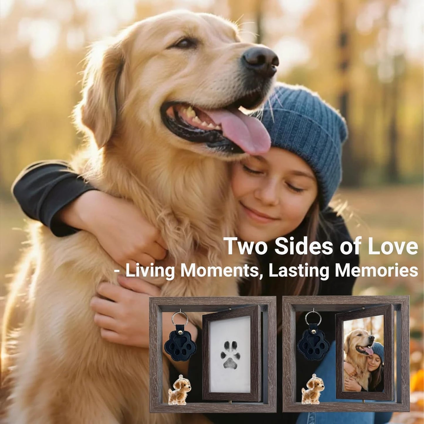 Dog Memorial Gifts Picture Frame, Pet Paw Print Kit & Fur Keepsake Keychain Set - 360 Rotating Wood Frame for Loss of Dog Sympathy Gift, Pet Bereavement & Remembrance
