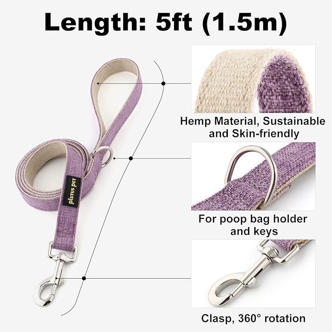 Plutus Pet Cotton Hemp Dog Collar and Leash Set, Adjustable Collar for Small, Medium, and Large Dogs, Heavy Duty and Soft on Skin, Lavender, XS