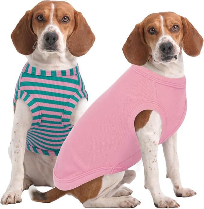 IECOii 2 Pack Dog T-Shirts,Stretchy & Comfortable Pet Summer Tank Top Clothes,Fade-Resistant, Easy to Put On – Machine Washable Tshirts for Medium Breeds Dogs,Pink+Stripes,XLarge
