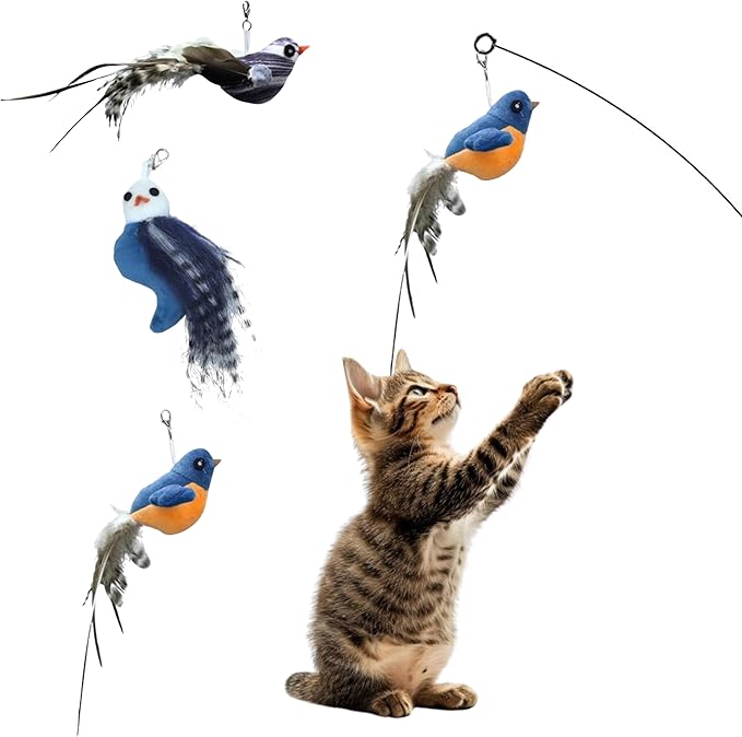 Chirping Bird Replacement Heads for Cat Toys - Set of 3 - Realistic Calling Bird Sounds, Vibrant Feather Designs, Easy Clip-On for Endless Fun