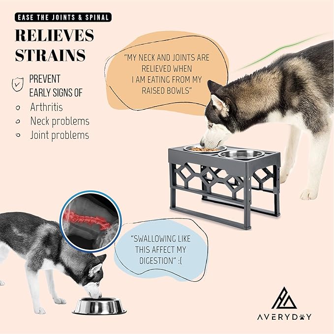 AVERYDAY Large Dog Bowls Elevated, 4 Height Adjustable Raised Dog Bowl Stand with 2 Stainless Steel Food and Water Bowls Set, Tall Dogs Feeding Station with Anti-Slip Base for Medium Large Breeds Dogs