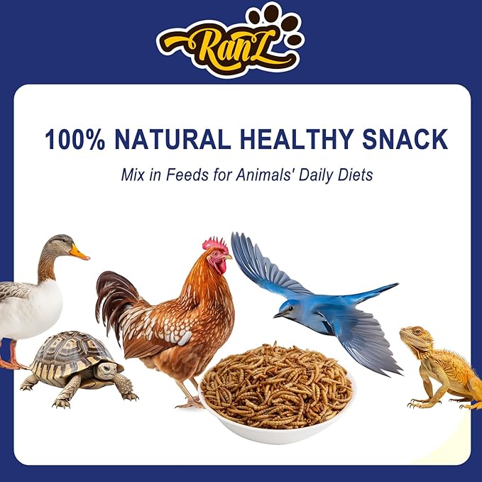 RANZ 20LBS Non-GMO Dried Mealworms for Chickens, High Protein Meal Worms, Premium Chicken Feed, Whole Large Mealworms for Blue Birds, Ducks, Fish