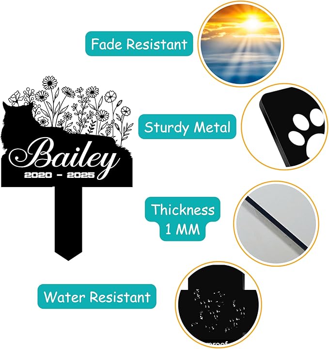 Cat Headstone and Grave Marker – Personalized Outdoor Grave Marker for Pets with Custom Name and Year, Durable Metal Cat Tombstone for Garden Tribute