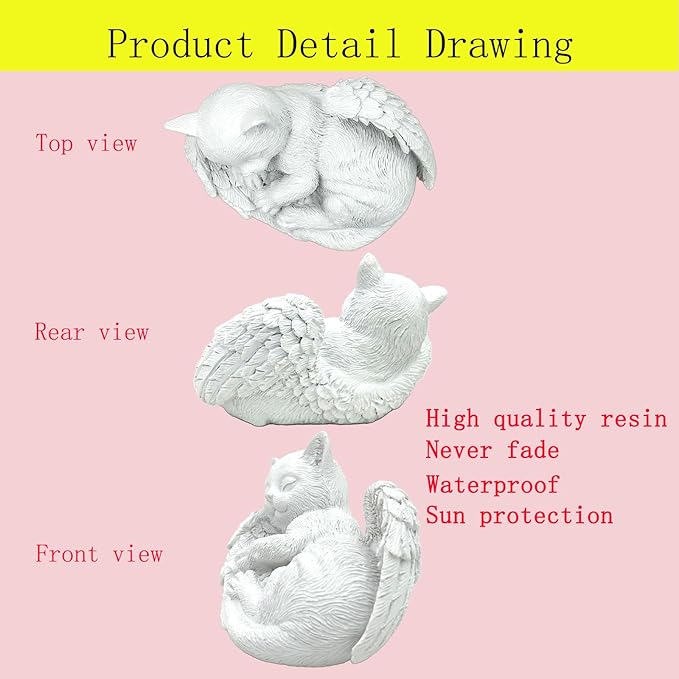 Small Cat Memorial Stone Commemorates Our Lost Fur Baby,Peaceful Sleeping Angel Statue for Garden,Indoor,Pet Grave Markers,and Loss of Cat Sympathy Gift (White, Small)
