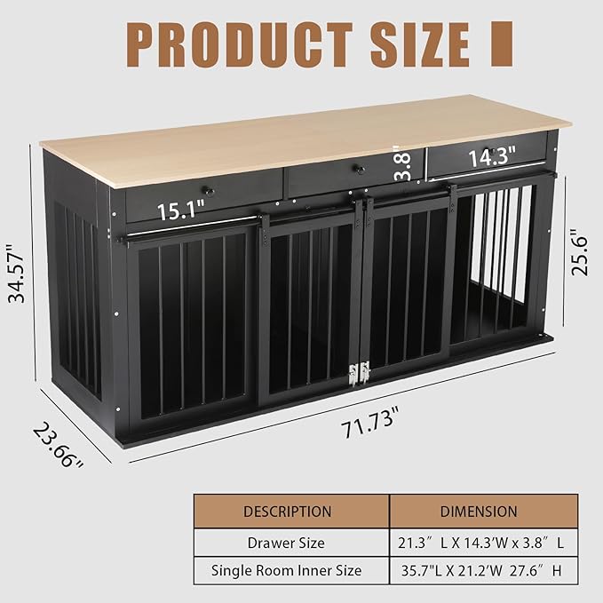 Sunseen Dog Crate Furniture Large Breed Wooden Dog Kennel with Room Divider & 3 Drawer,Double Doors Heavy Duty Dog Crate End Table Indoor TV Stand for Small Medium Large Dog Black,72''W*24''D*35''H