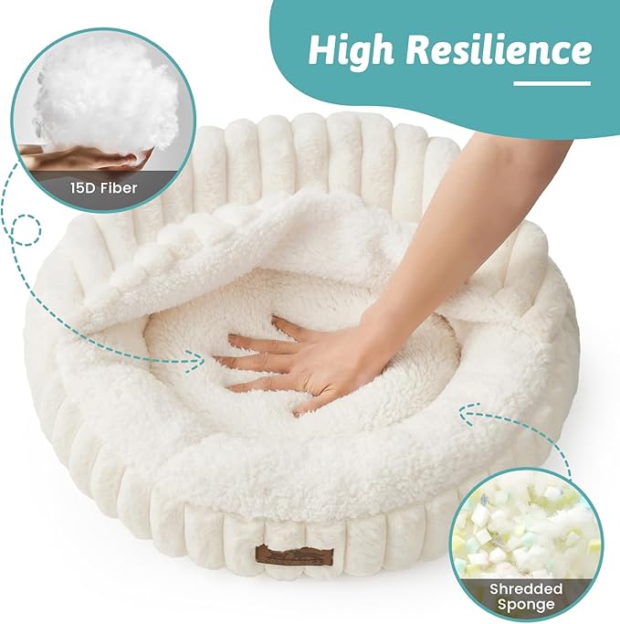 Cat Bed with Hooded Blanket, Round Fluffy Anti-Anxiety Pet Bed for Cats/Small Dogs, Cozy Donut Cuddler with Machine Washable Faux Fur & Anti-Slip Bottom(23"×23"×6",Cream)