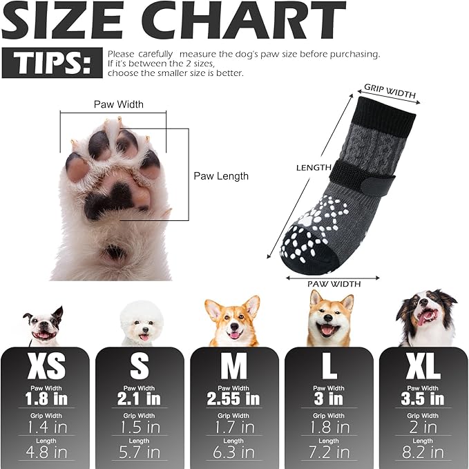 EXPAWLORER Dog Socks for Hot Pavement to Prevent Licking Paws, Non Slip Doggie Grippy Booties Shoes for Hardwood Floors, Boots & Paw Protectors for Small Medium Large Senior Dogs Twists Grey M